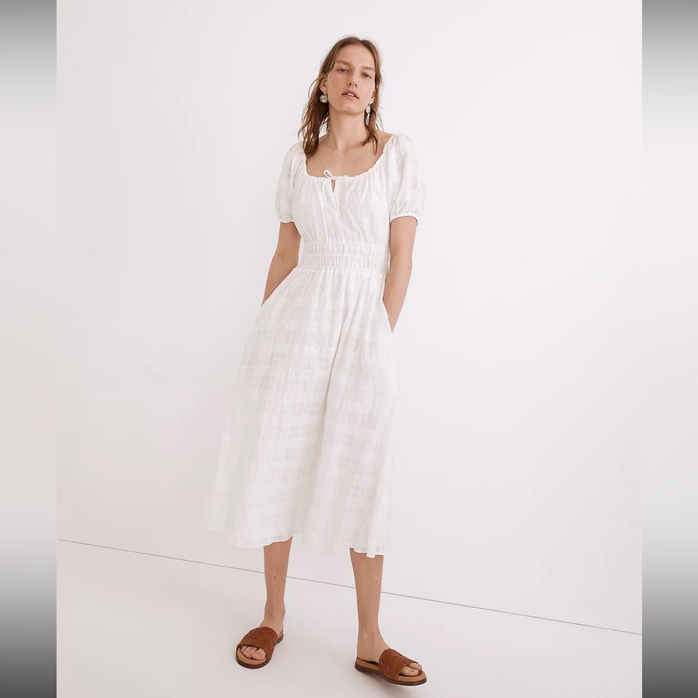NWT Madewell White Cream Peasant Sophia Midi Dress Seersucker Elastic Waist